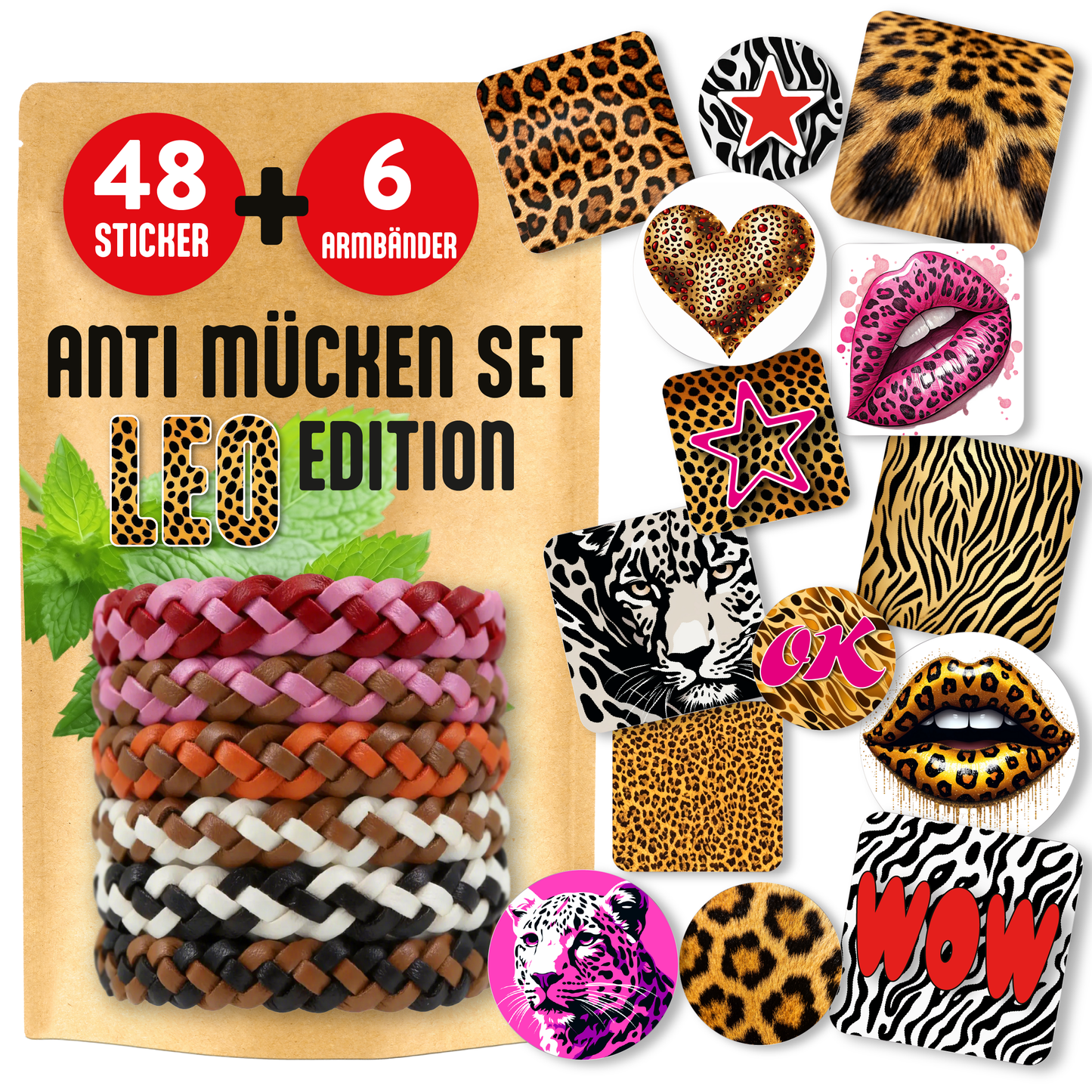 GERNEKIND Anti-MückenSet / LEO-Edition / 6 Armbänder + 48 Sticker