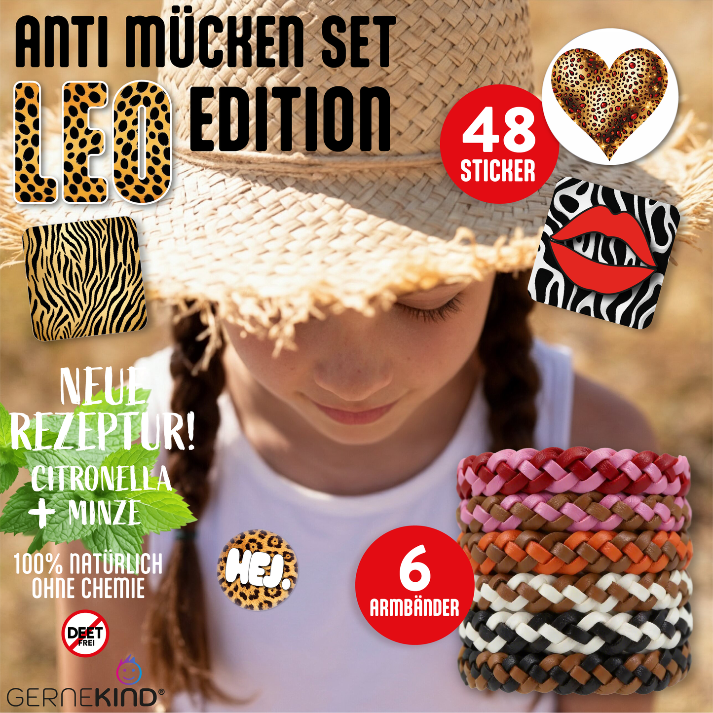 GERNEKIND Anti-MückenSet / LEO-Edition / 6 Armbänder + 48 Sticker