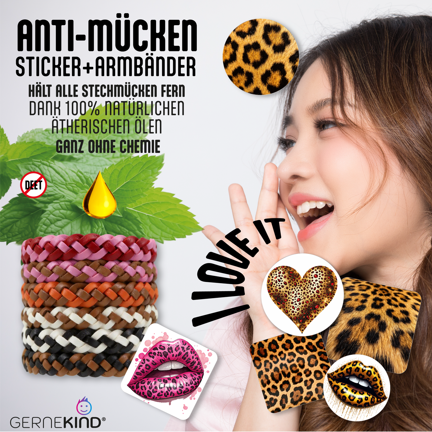 GERNEKIND Anti-MückenSet / LEO-Edition / 6 Armbänder + 48 Sticker