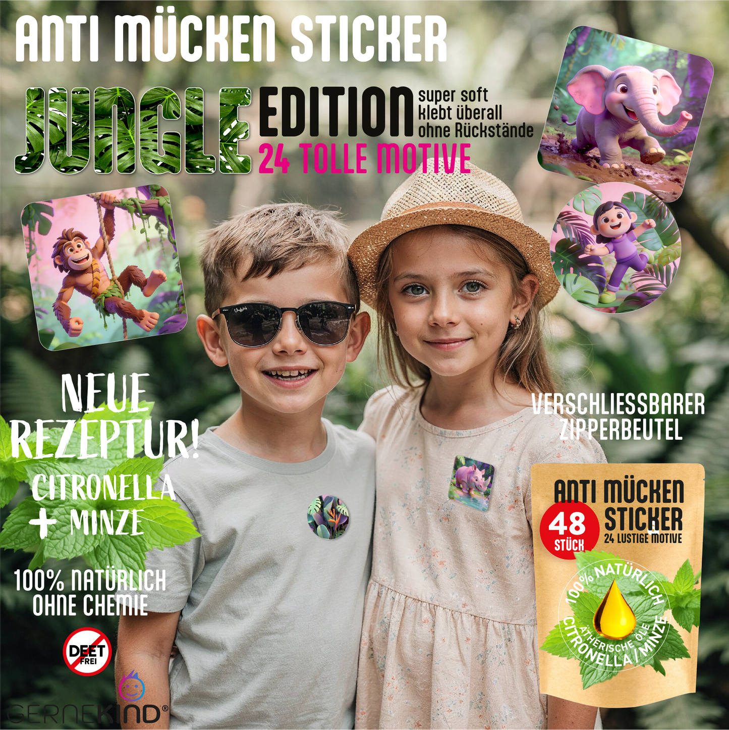 GERNEKIND Anti-Mücken-Sticker / JUNGLE-Edition / 48 Stück
