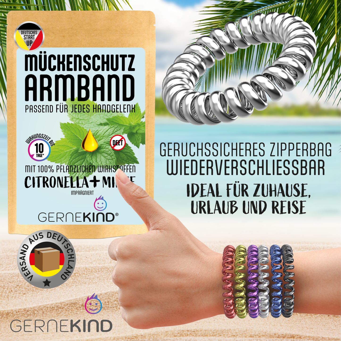 GERNEKIND Anti-Mücken-Armband / 6-Stück / Metallic bunt gemischt