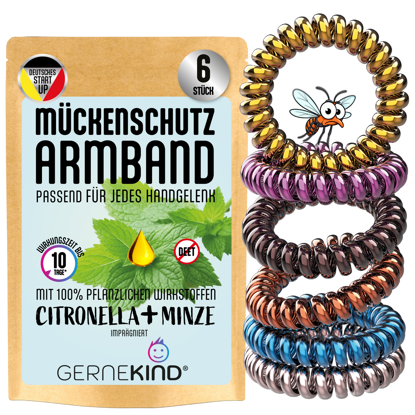 GERNEKIND Anti-Mücken-Armband / 6-Stück / Metallic bunt gemischt