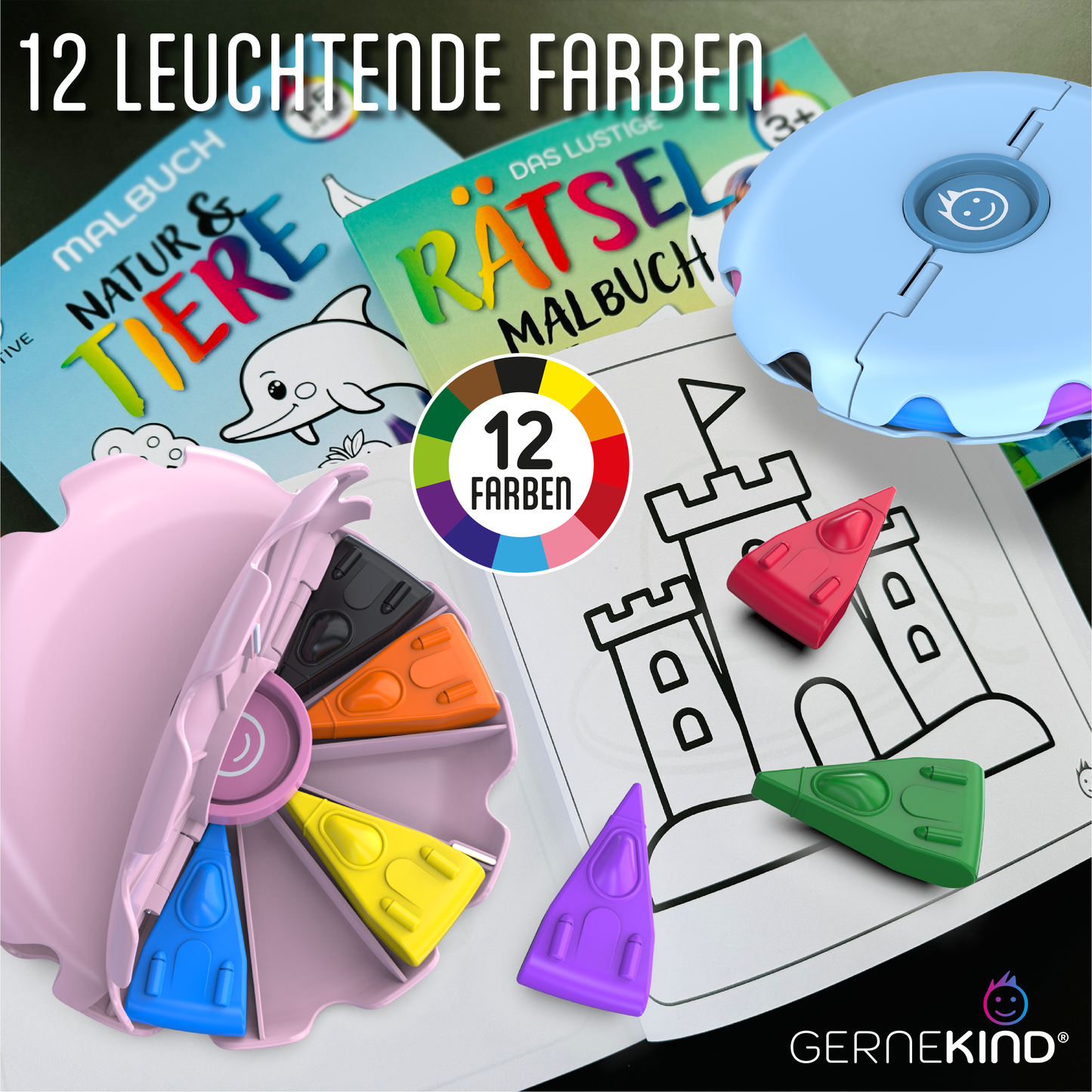 GERNEKIND Wachsmalstifte im SPACESHIP Design / praktische Klappbox / 12 Farben / Rosa