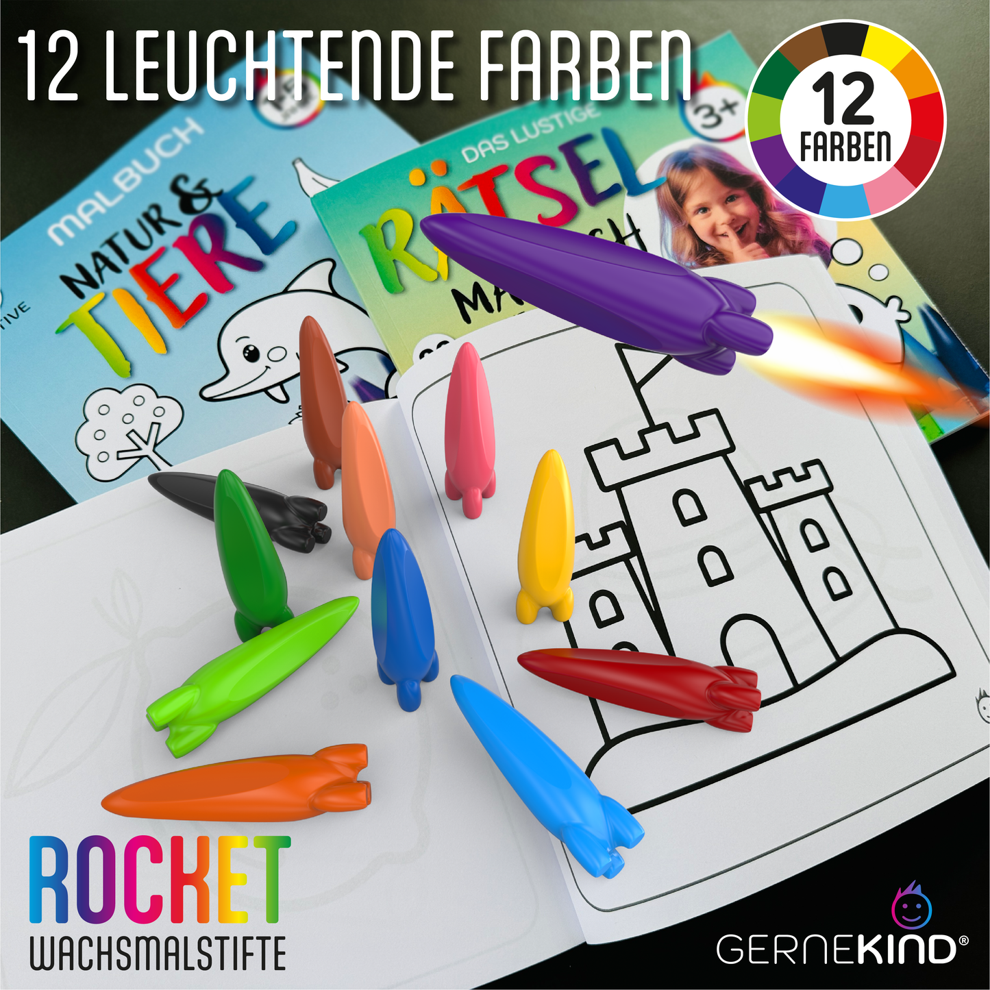 GERNEKIND Wachmalstifte im ROCKET Design / 12 Farben / ungiftig