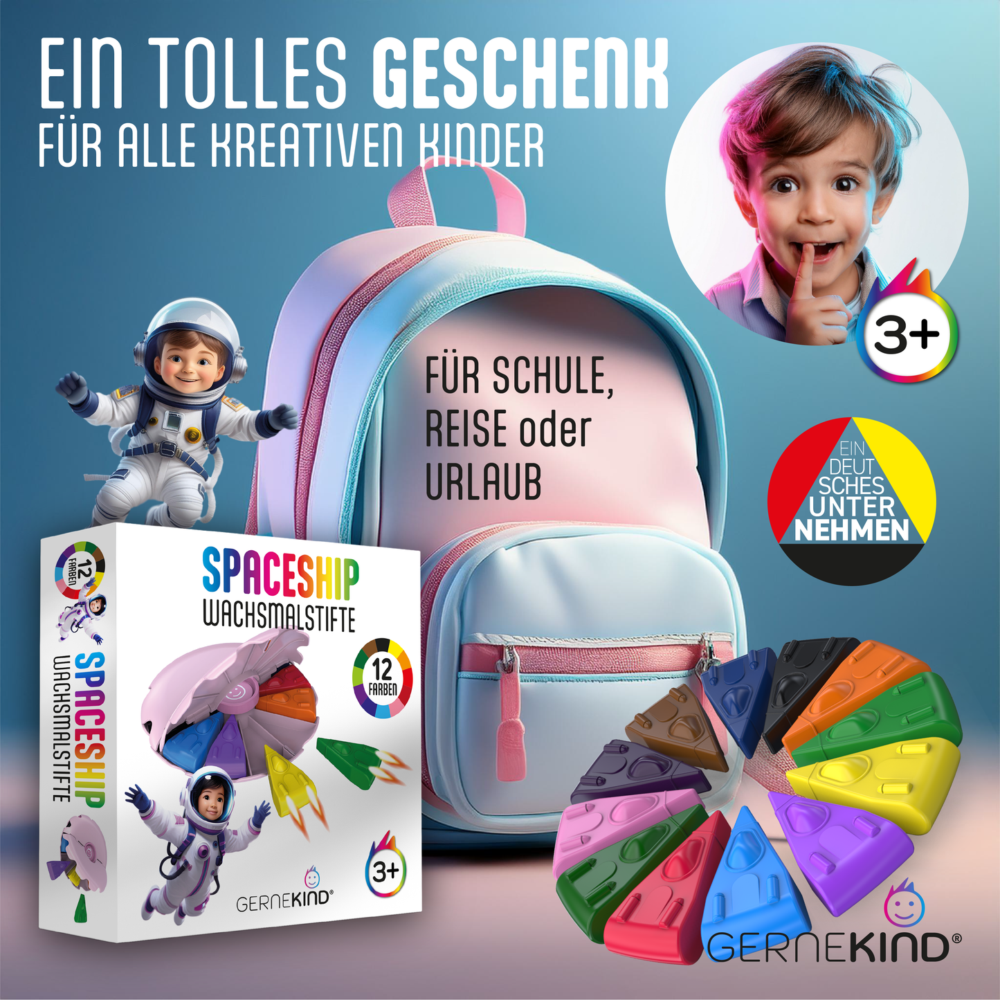 GERNEKIND Wachsmalstifte im SPACESHIP Design / praktische Klappbox / 12 Farben / Rosa