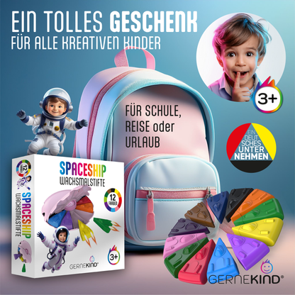 GERNEKIND Wachsmalstifte im SPACESHIP Design / praktische Klappbox / 12 Farben / Rosa