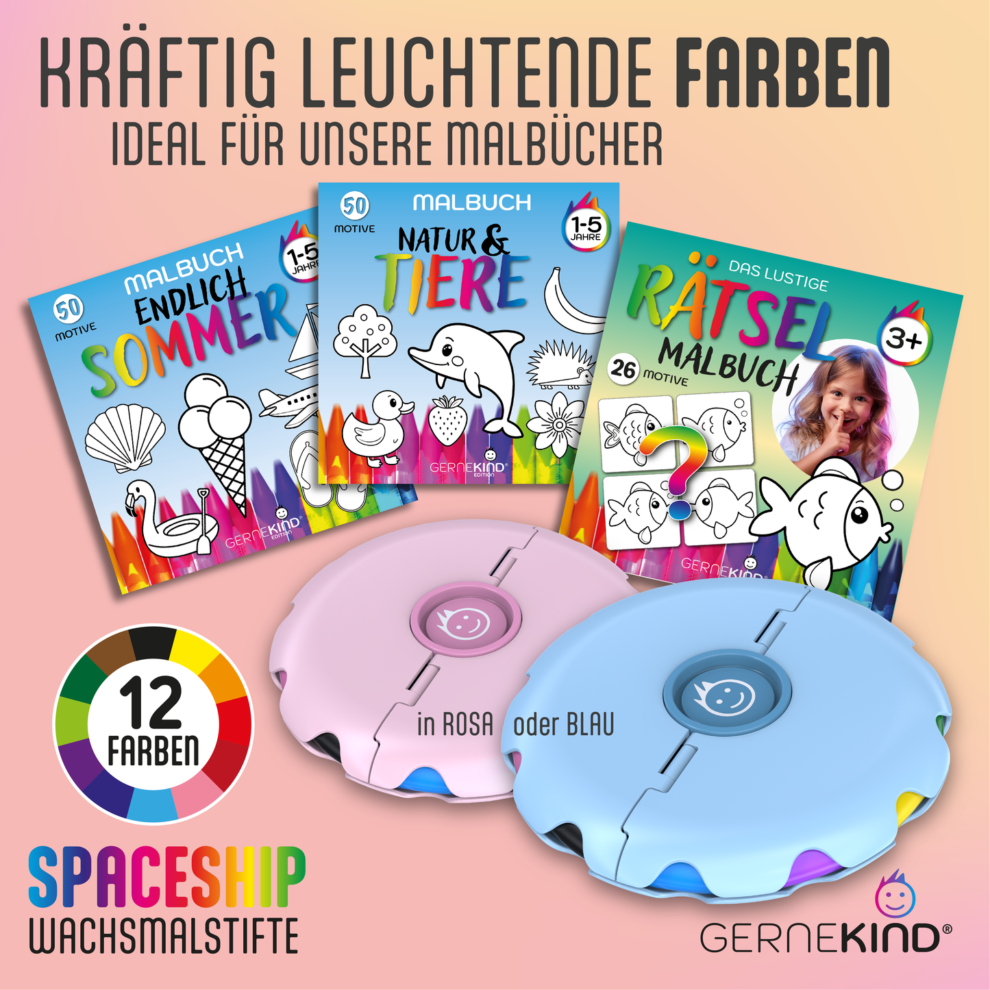 GERNEKIND Wachsmalstifte im SPACESHIP Design / praktische Klappbox / 12 Farben / Rosa