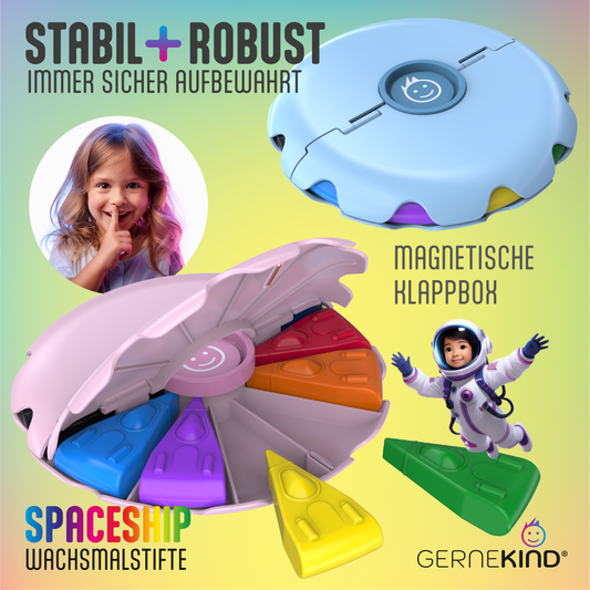 GERNEKIND Wachsmalstifte im SPACESHIP Design / praktische Klappbox / 12 Farben / Blau