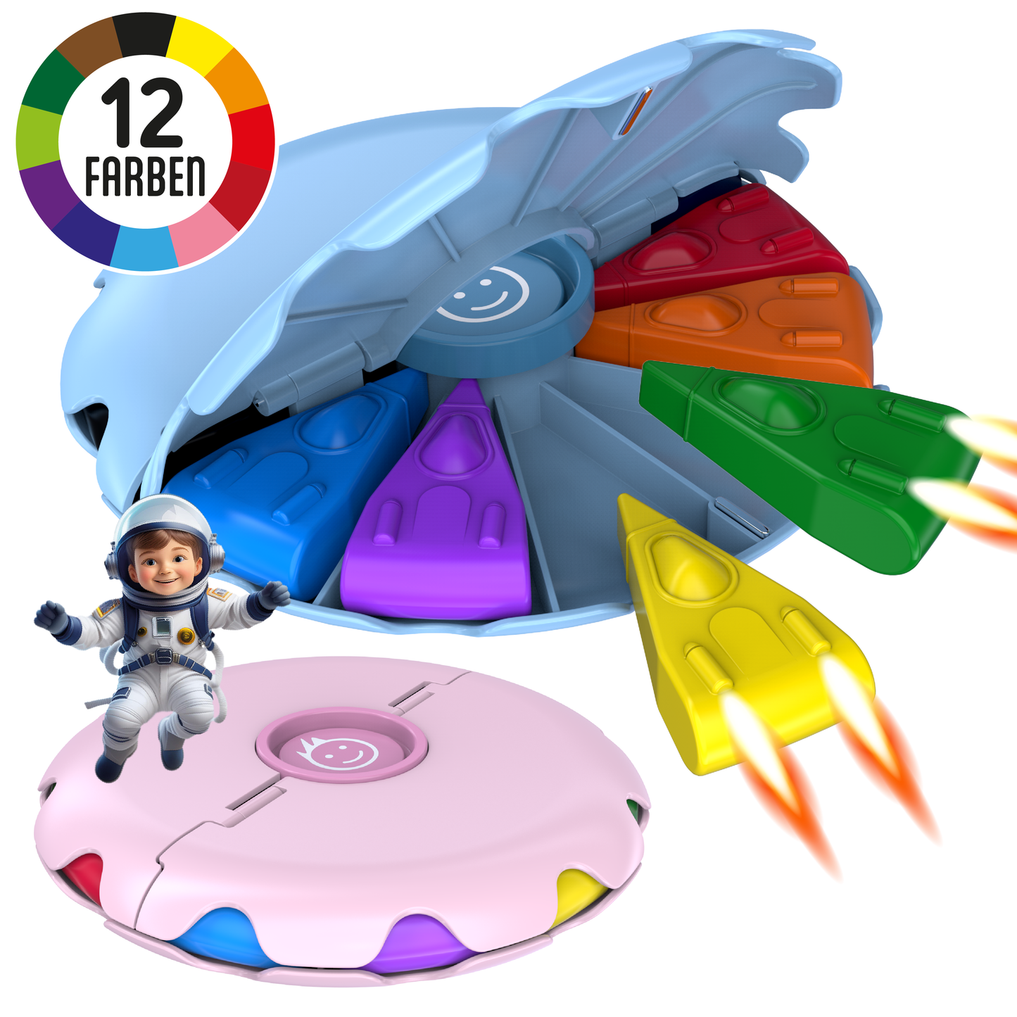 GERNEKIND Wachsmalstifte im SPACESHIP Design / praktische Klappbox / 12 Farben / Blau
