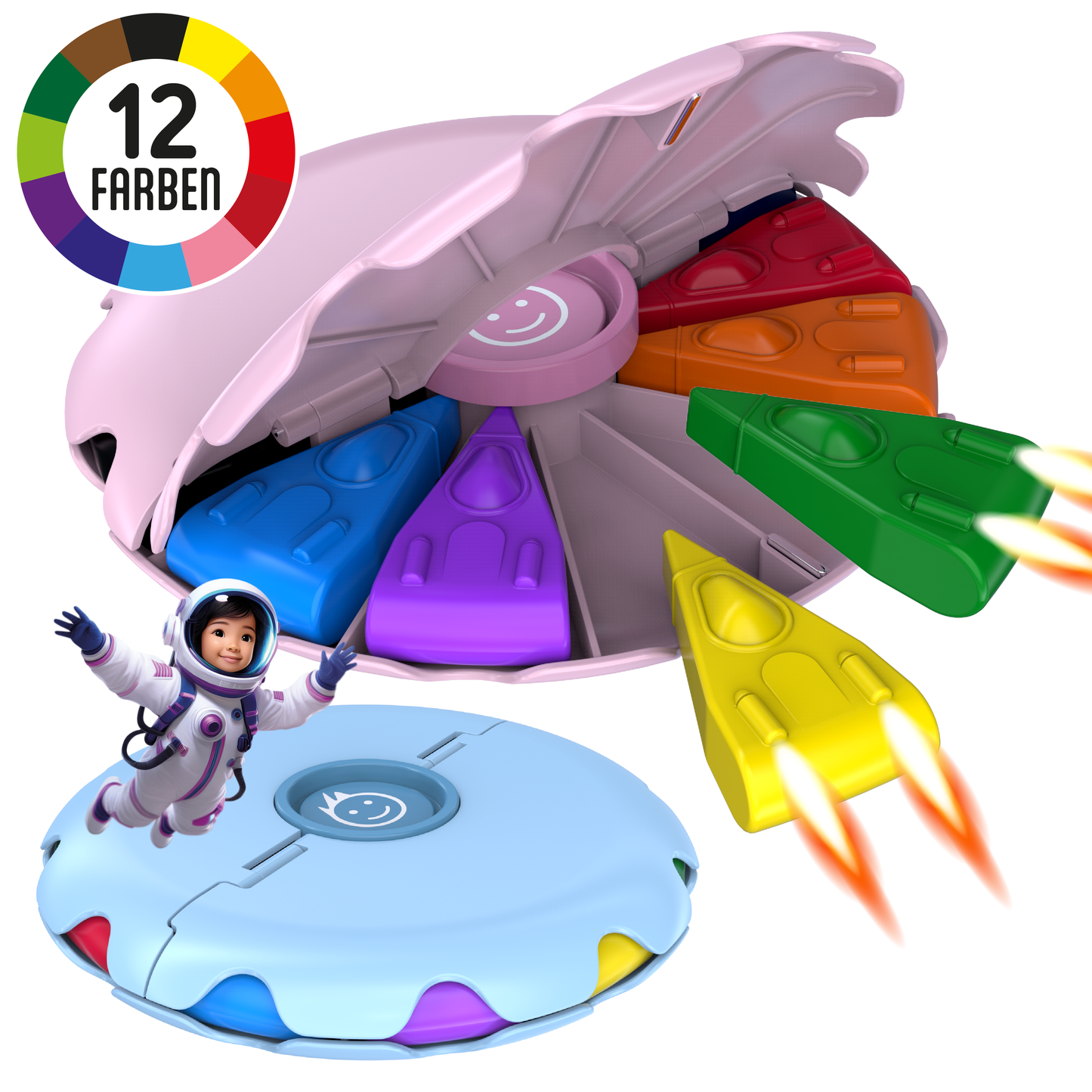 GERNEKIND Wachsmalstifte im SPACESHIP Design / praktische Klappbox / 12 Farben / Rosa