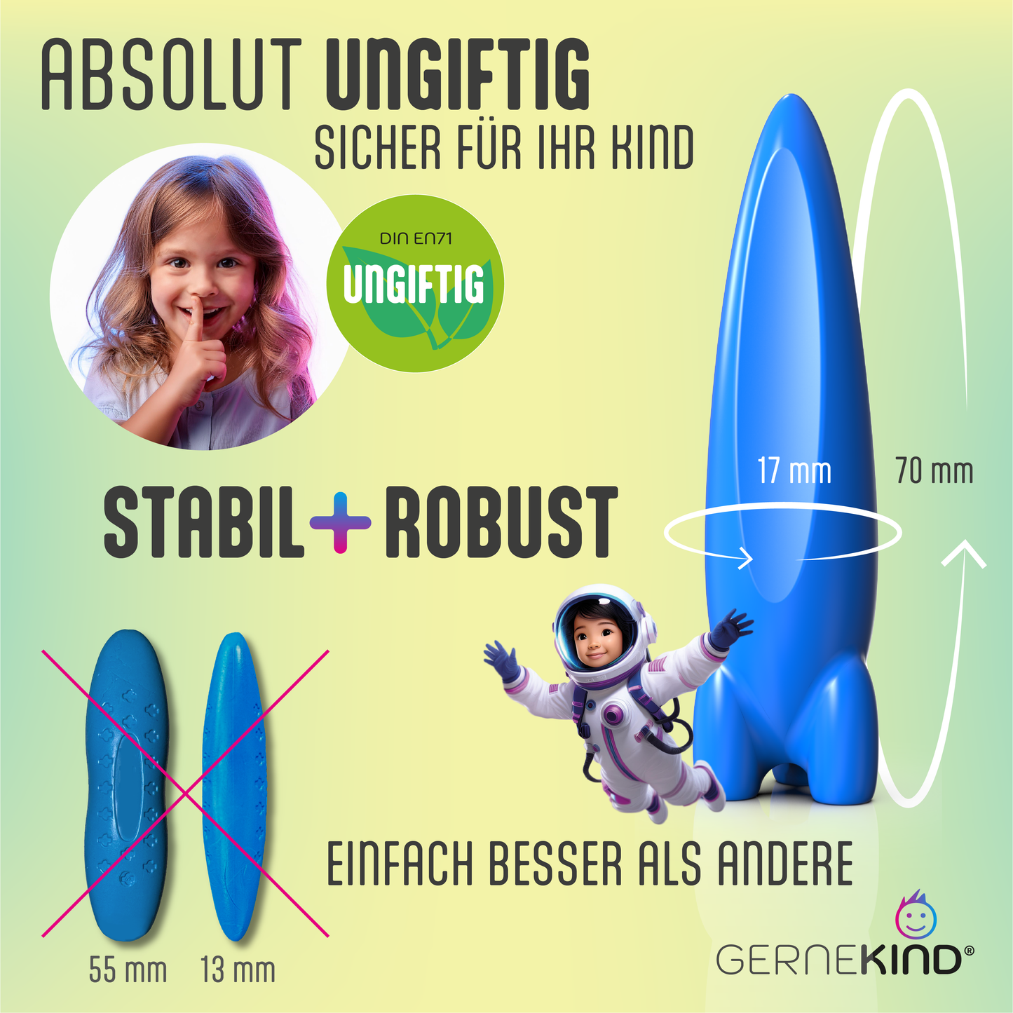 GERNEKIND Wachmalstifte im ROCKET Design / 12 Farben / ungiftig