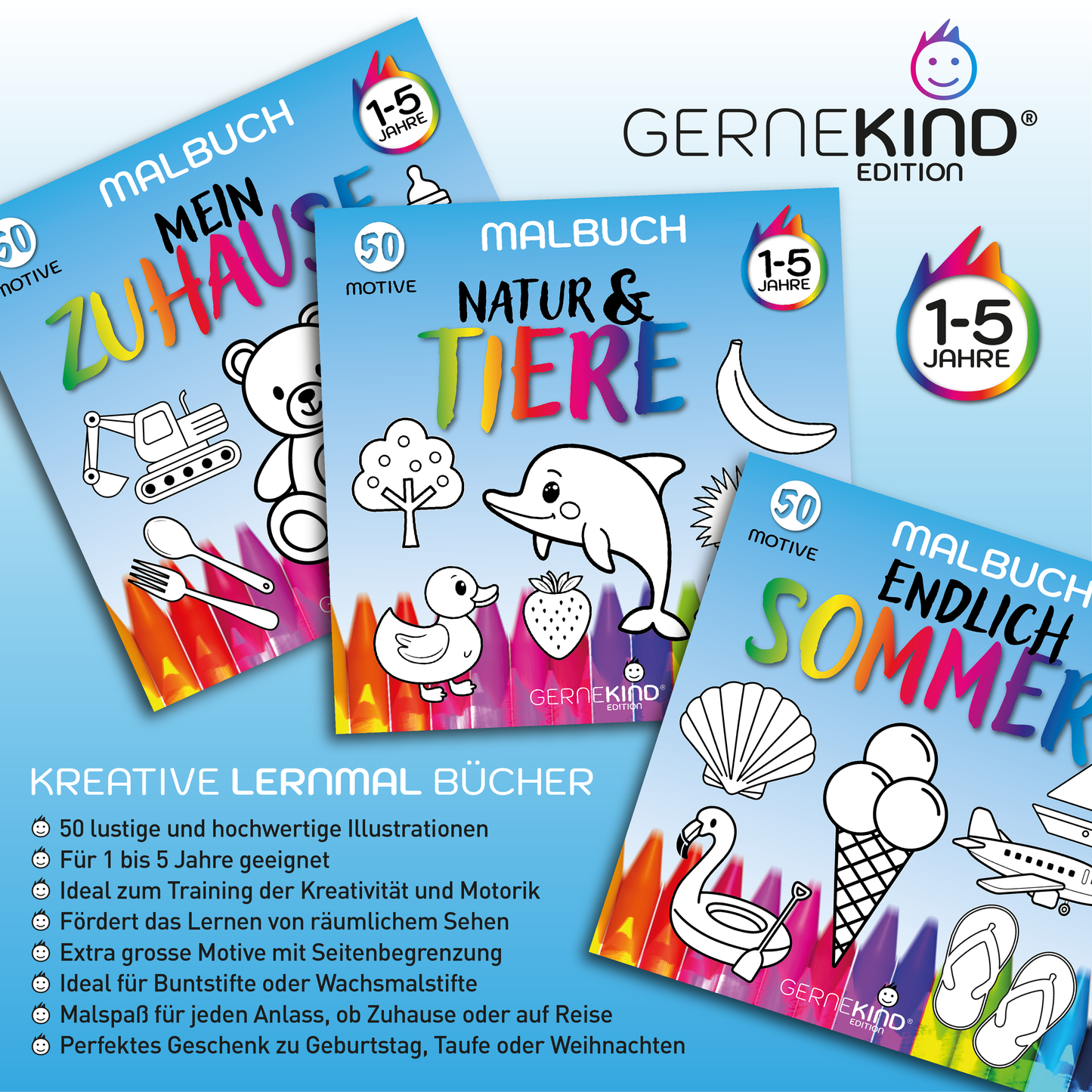 GERNEKIND / Natur & Tiere - Ein kreatives Lernmalbuch mit 50 tollen Natur & Tiermotiven / 1-5 Jahre
