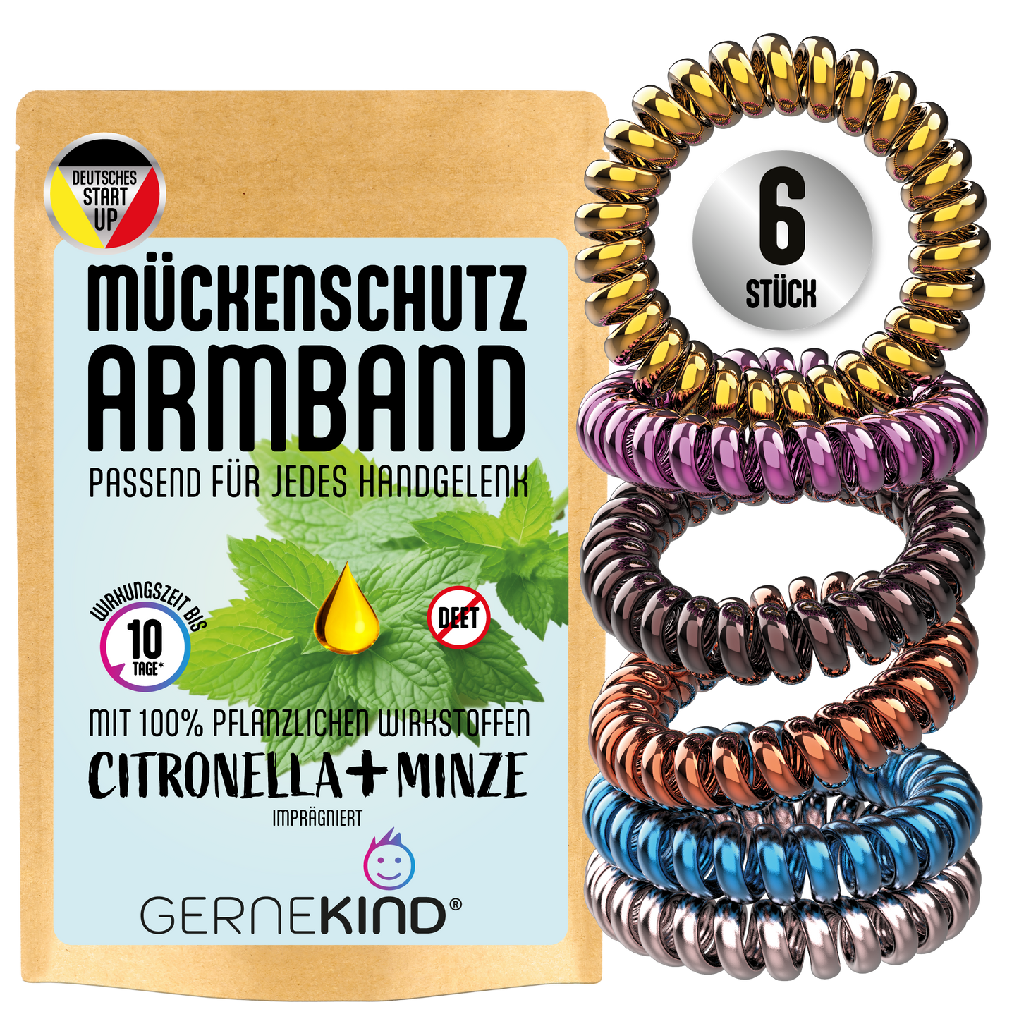 GERNEKIND Anti-Mücken-Armband / 6-Stück / Metallic bunt gemischt