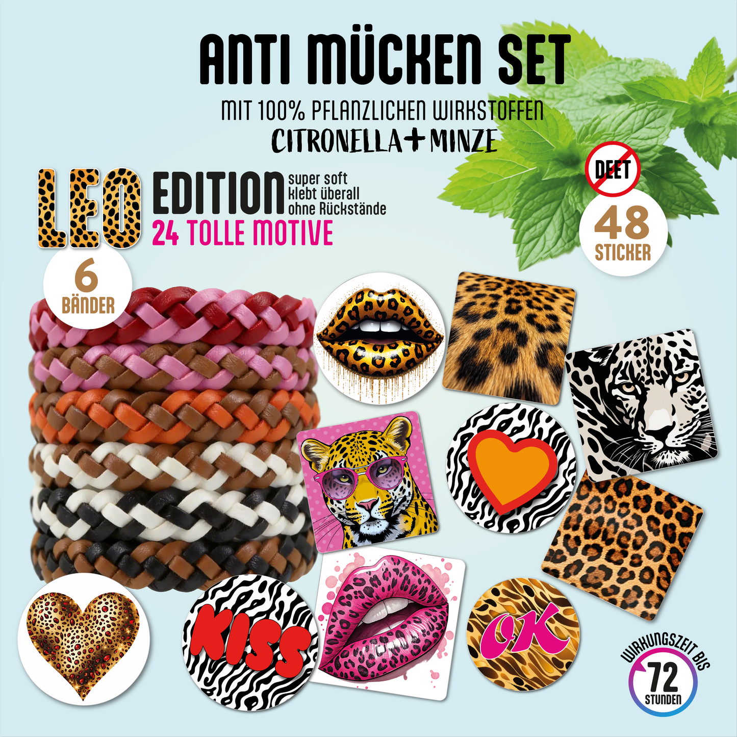 GERNEKIND Anti-MückenSet / LEO-Edition / 6 Armbänder + 48 Sticker